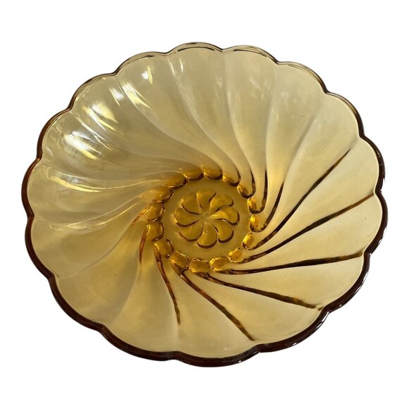 Vintage Hazel-Atlas Amber Swirl Glass Bowl – 9” x 4” – Mid-Century Pressed Glass - Picture 1 of 4